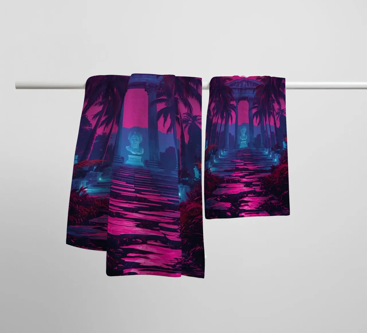 Scena notturna con tempio classico e luna rosa asciugamano da bagno da DesignDoodle