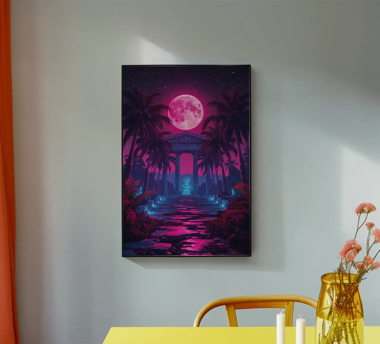 Scena notturna con tempio classico e luna rosa plexiglass da DesignDoodle