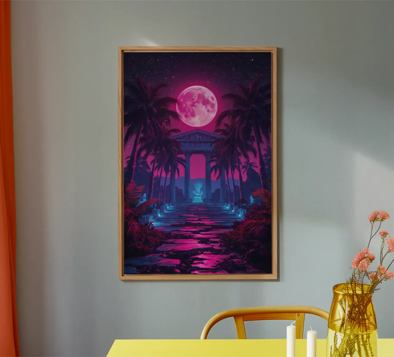 Scena notturna con tempio classico e luna rosa alluminio dibond da DesignDoodle
