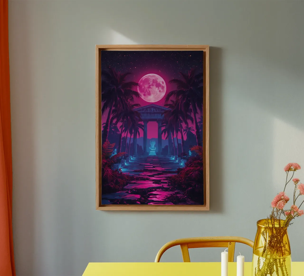 Scena notturna con tempio classico e luna rosa tela da DesignDoodle