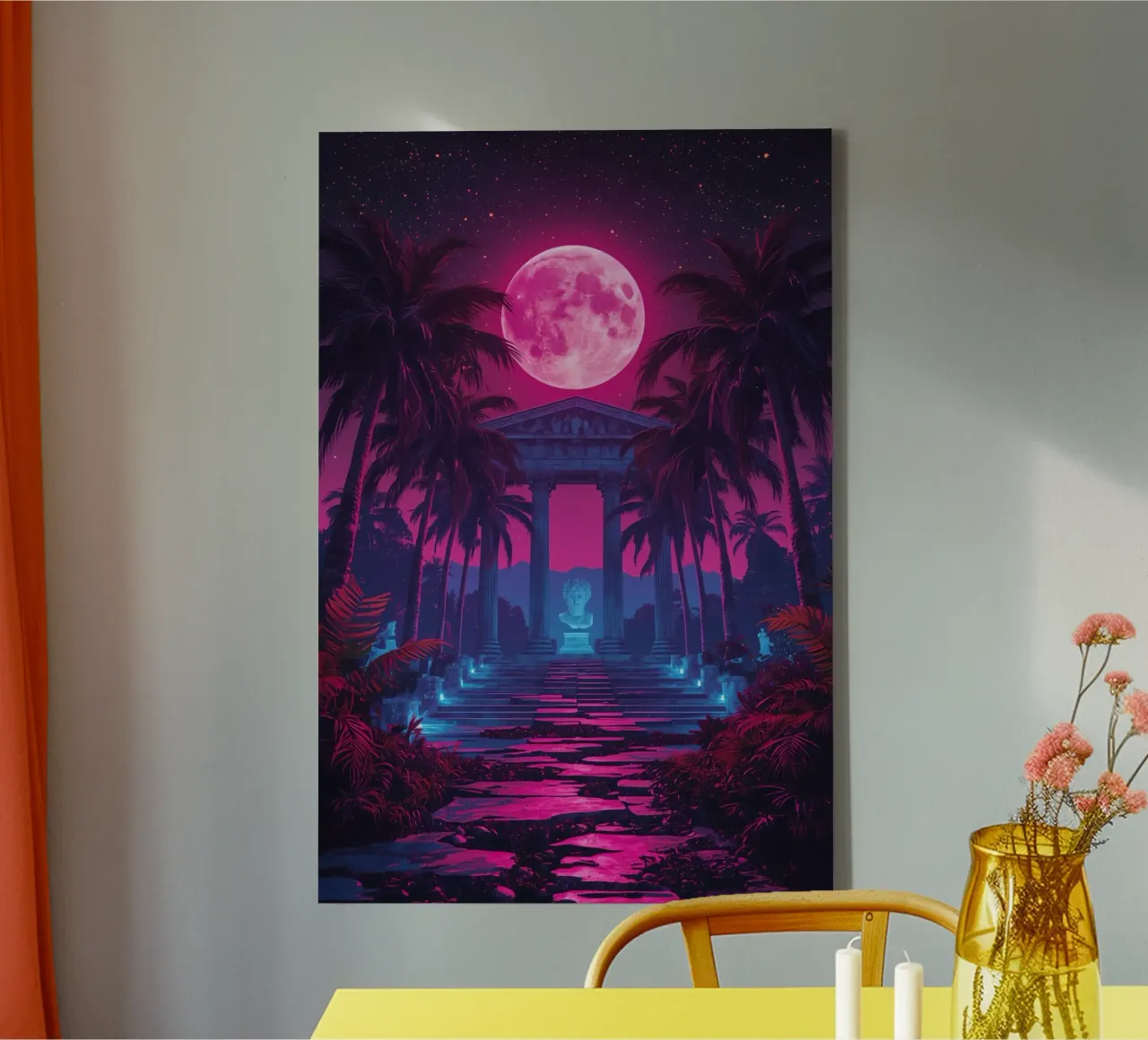 Scena notturna con tempio classico e luna rosa tela da DesignDoodle
