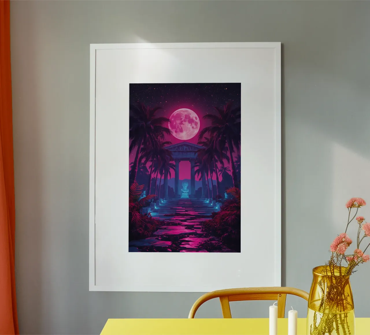 Scena notturna con tempio classico e luna rosa poster da DesignDoodle