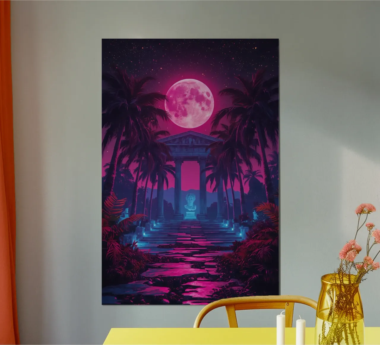 Scena notturna con tempio classico e luna rosa poster da DesignDoodle
