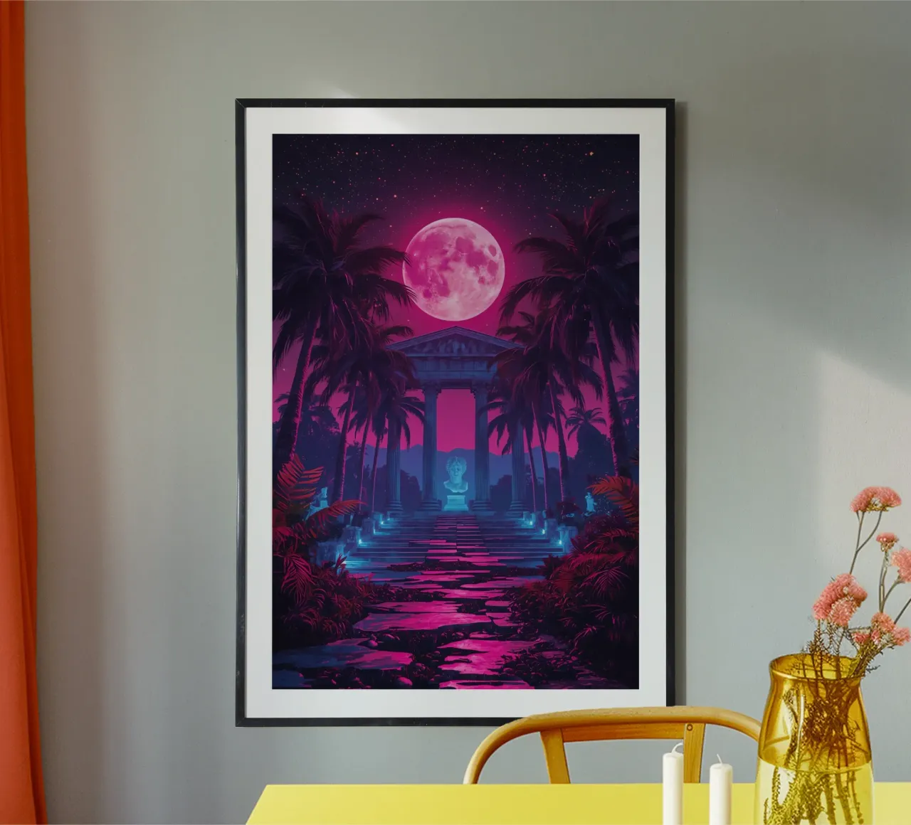 Scena notturna con tempio classico e luna rosa poster da DesignDoodle