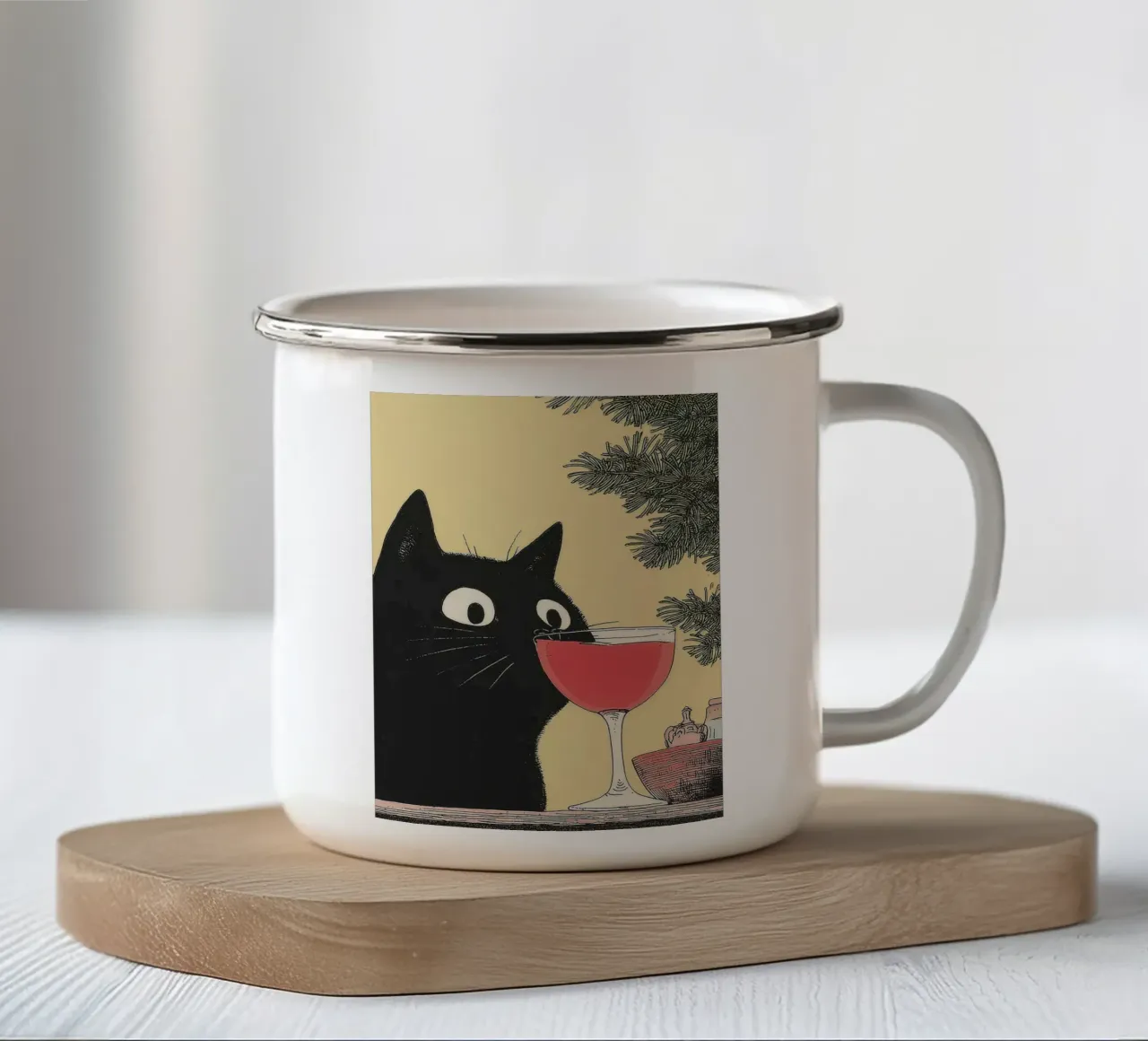 Gatto nero e vino | Regalo di Natale | Divertimento e cucina tazza in smalto da Kaji