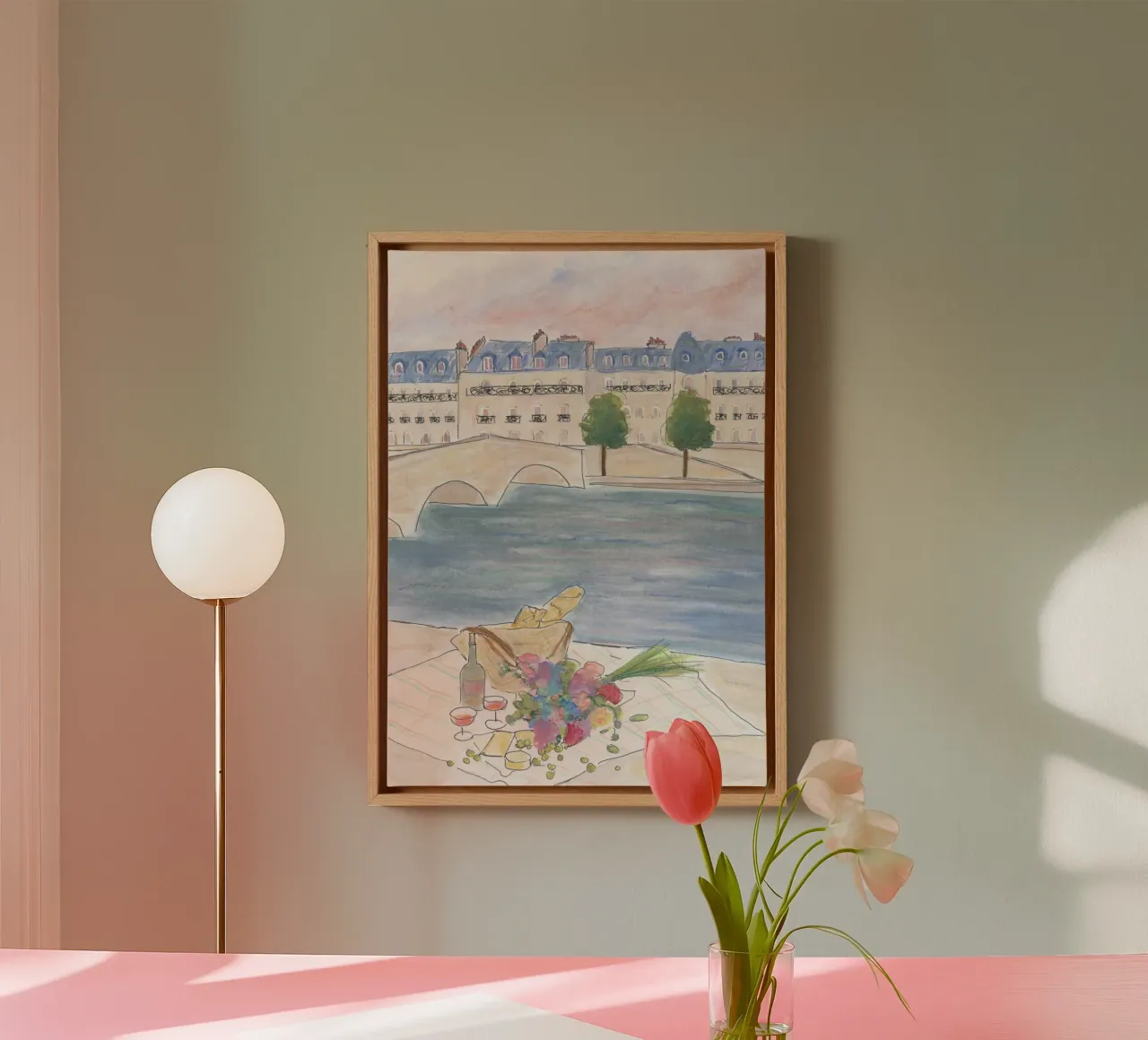 Picknick an der Seine Leinwand mit Schattenfugenrahmen von Katharina Puritscher