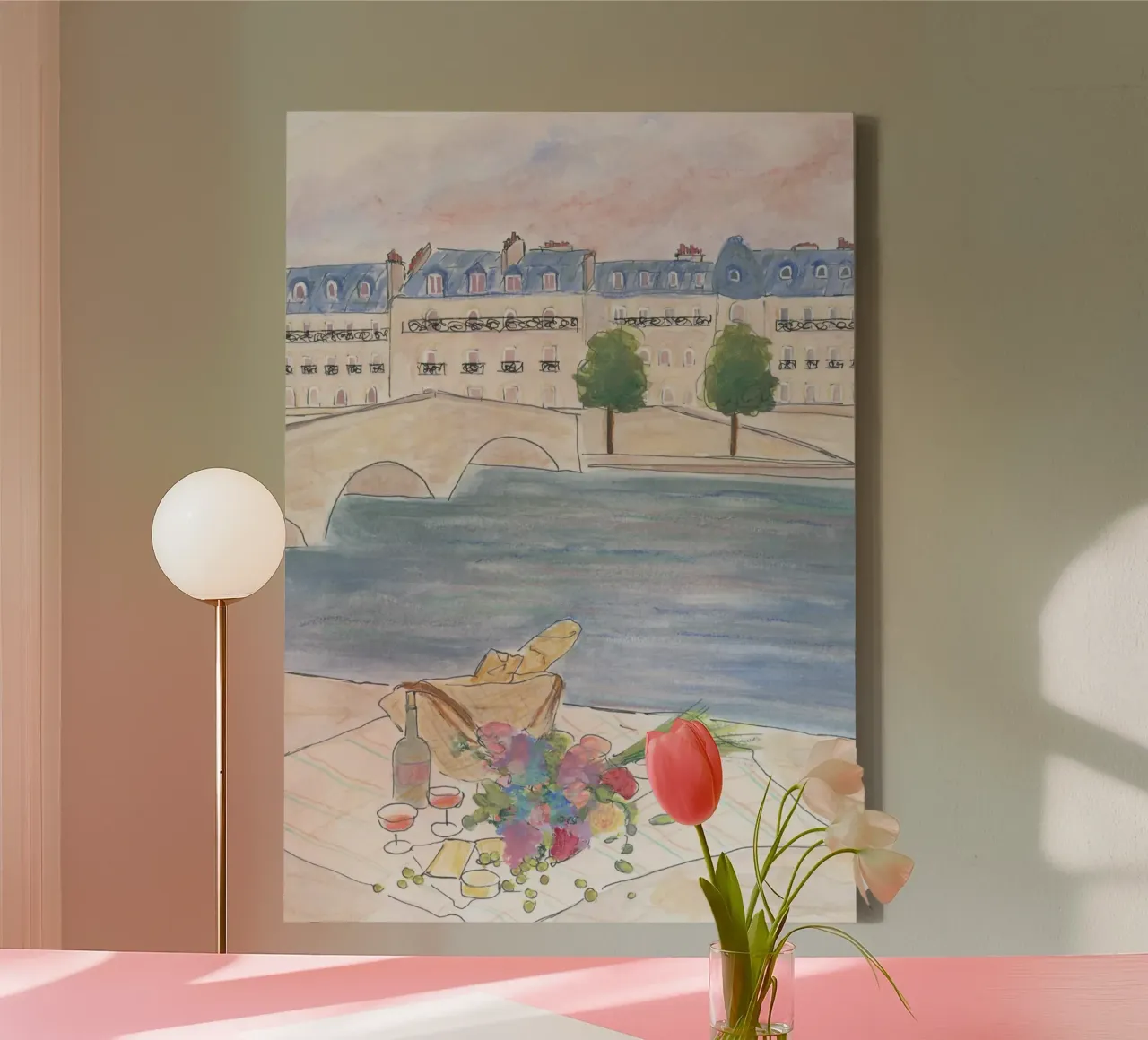 Picknick an der Seine Leinwand mit Schattenfugenrahmen von Katharina Puritscher
