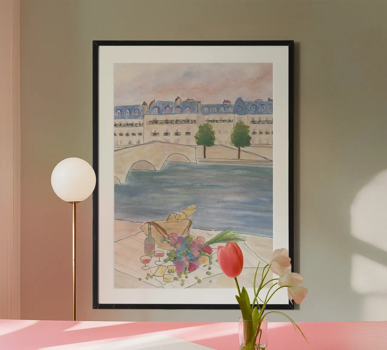Picnic sulla Senna poster con telaio in legno da Katharina Puritscher