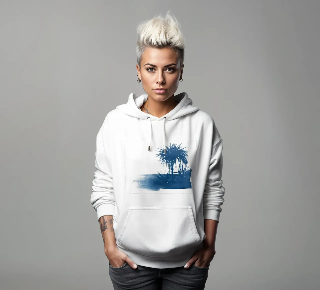 Cianotipia della spiaggia delle palme felpa con cappuccio da Kim Hubball Studio