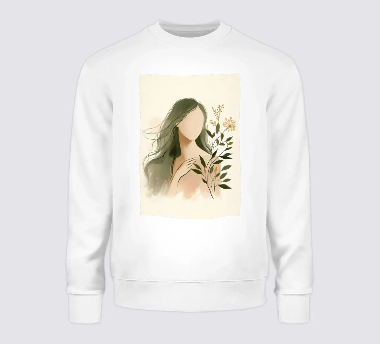 Donna con fiori di campo in verde tenue felpa da Bloom And Brush