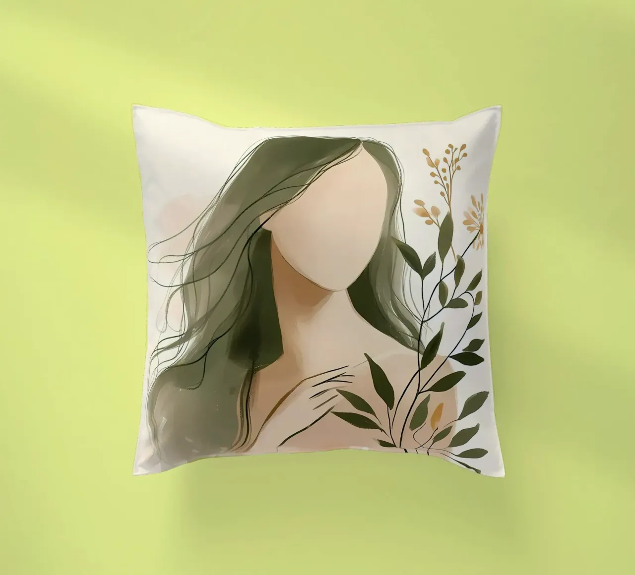 Donna con fiori di campo in verde tenue cuscino da Bloom And Brush