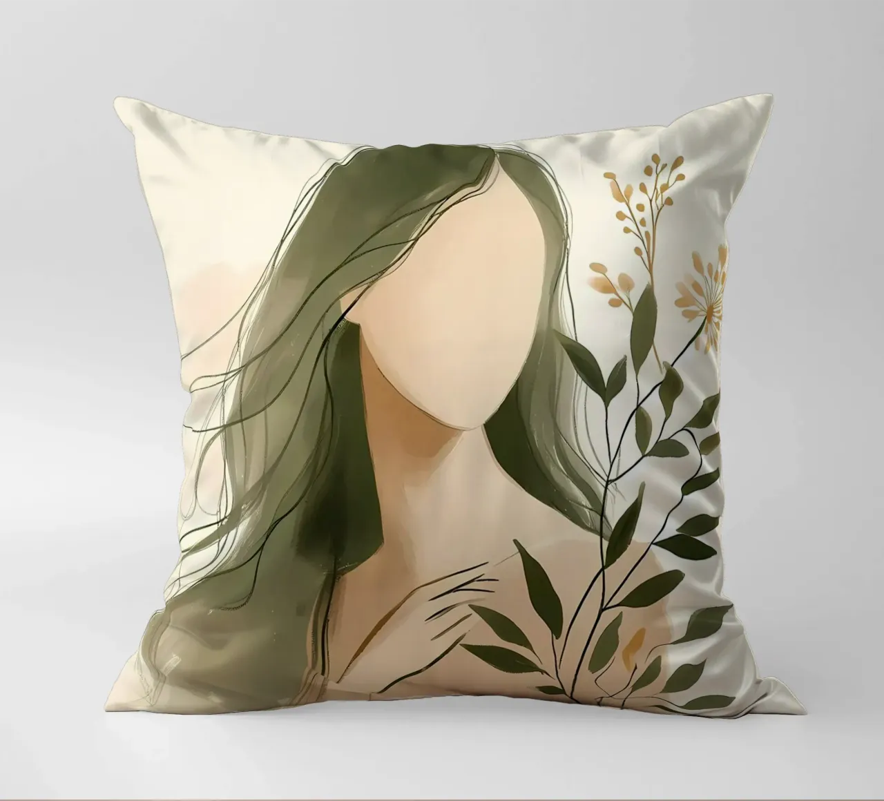 Donna con fiori di campo in verde tenue cuscino da Bloom And Brush