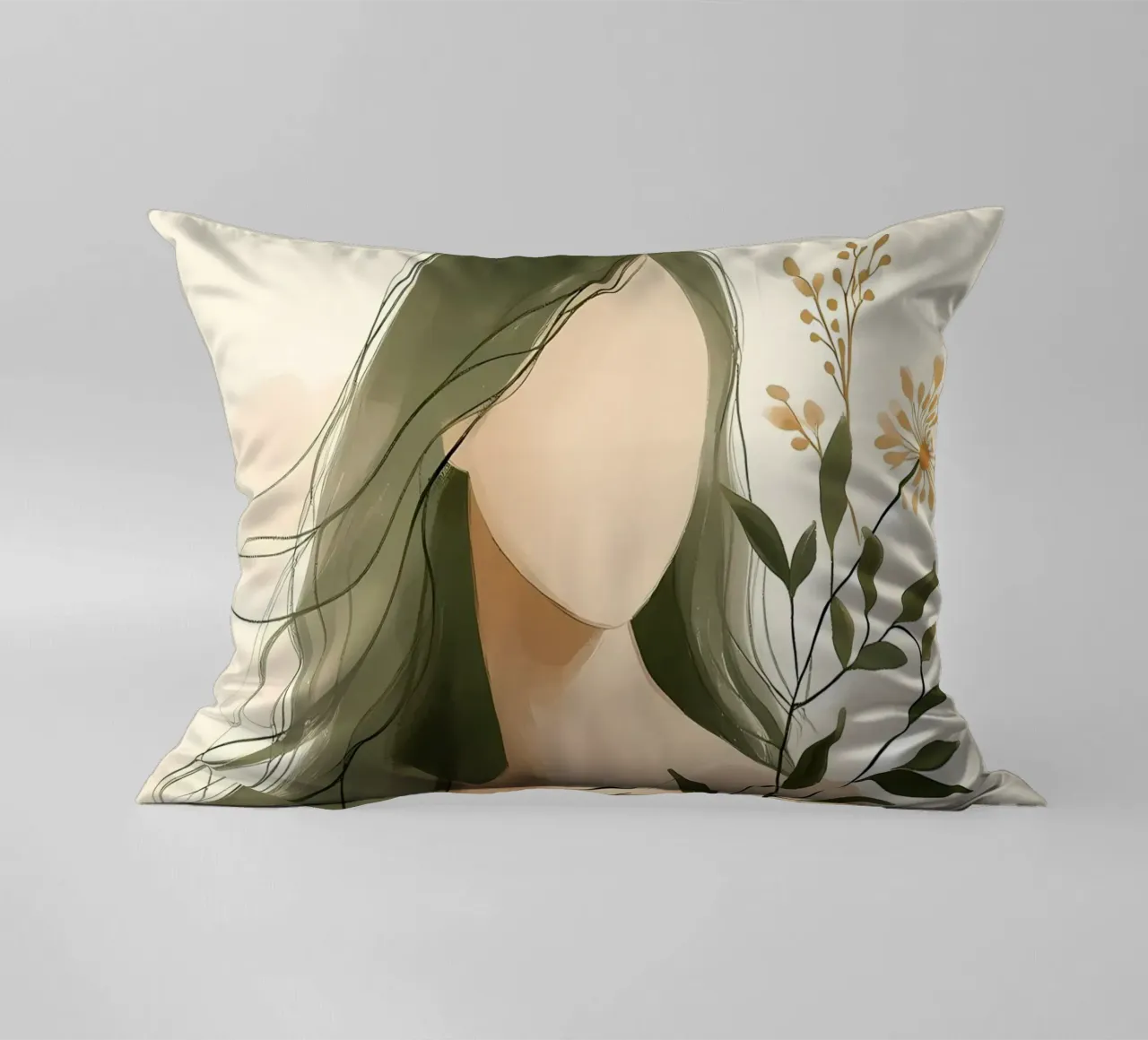 Donna con fiori di campo in verde tenue cuscino da Bloom And Brush