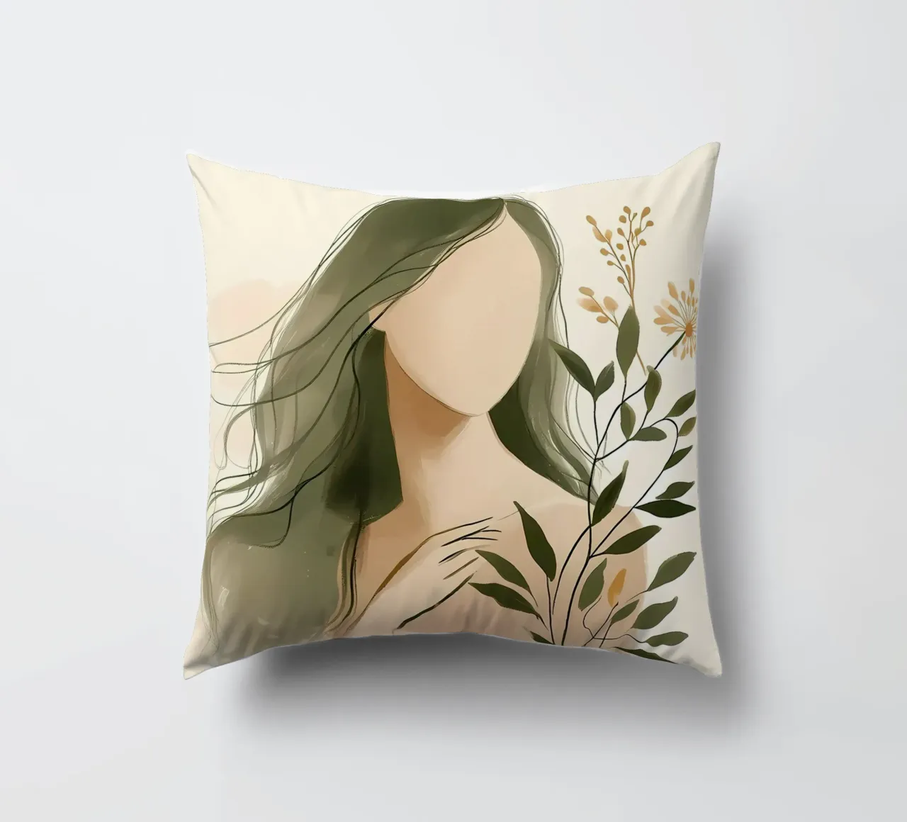 Donna con fiori di campo in verde tenue cuscino da Bloom And Brush