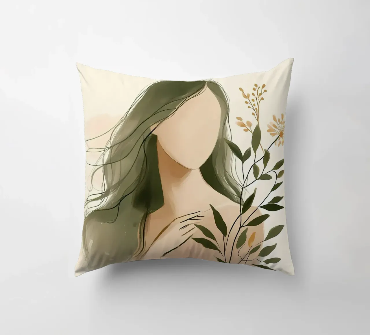 Donna con fiori di campo in verde tenue cuscino da Bloom And Brush