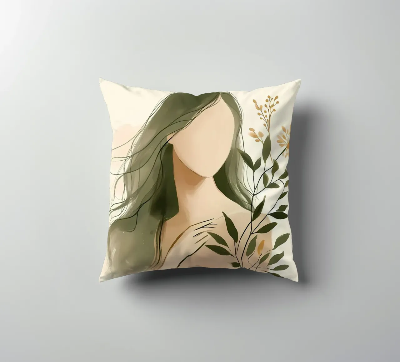 Donna con fiori di campo in verde tenue cuscino da Bloom And Brush