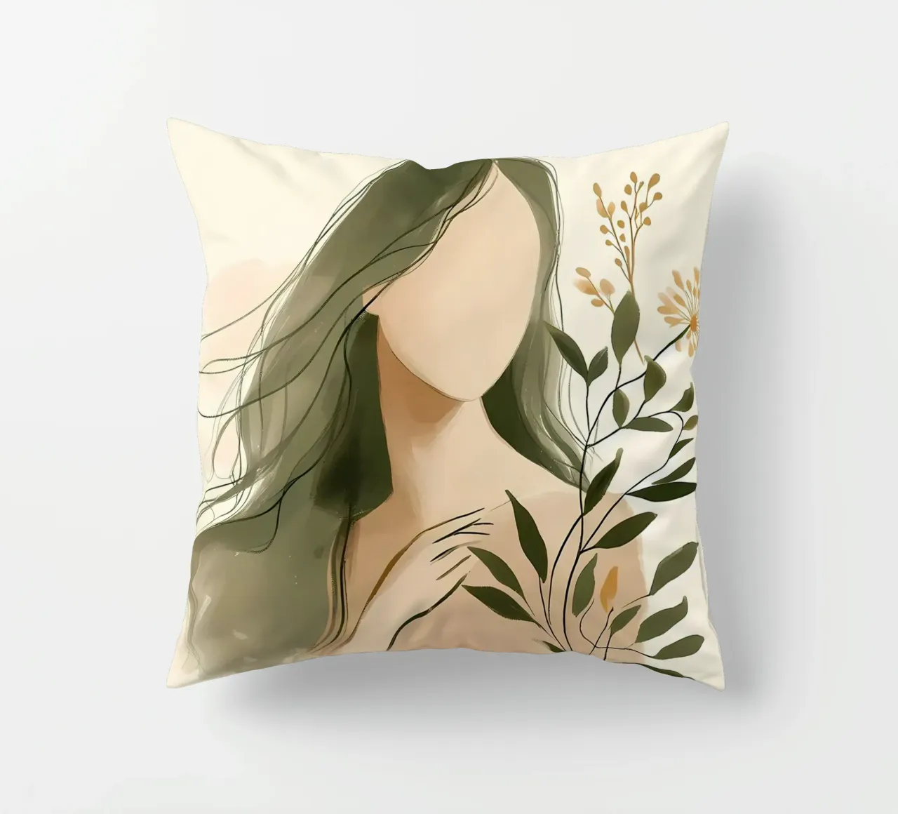 Donna con fiori di campo in verde tenue cuscino da Bloom And Brush