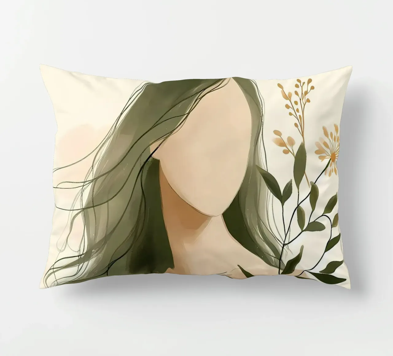 Donna con fiori di campo in verde tenue cuscino da Bloom And Brush
