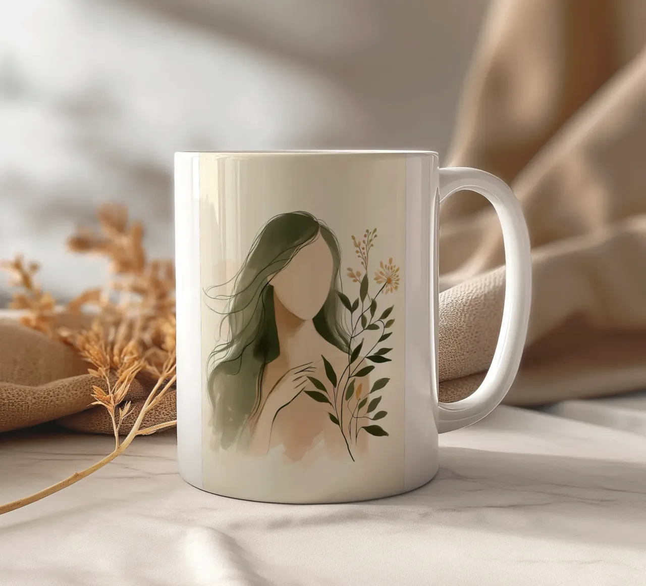 Donna con fiori di campo in verde tenue tazza in ceramica da Bloom And Brush