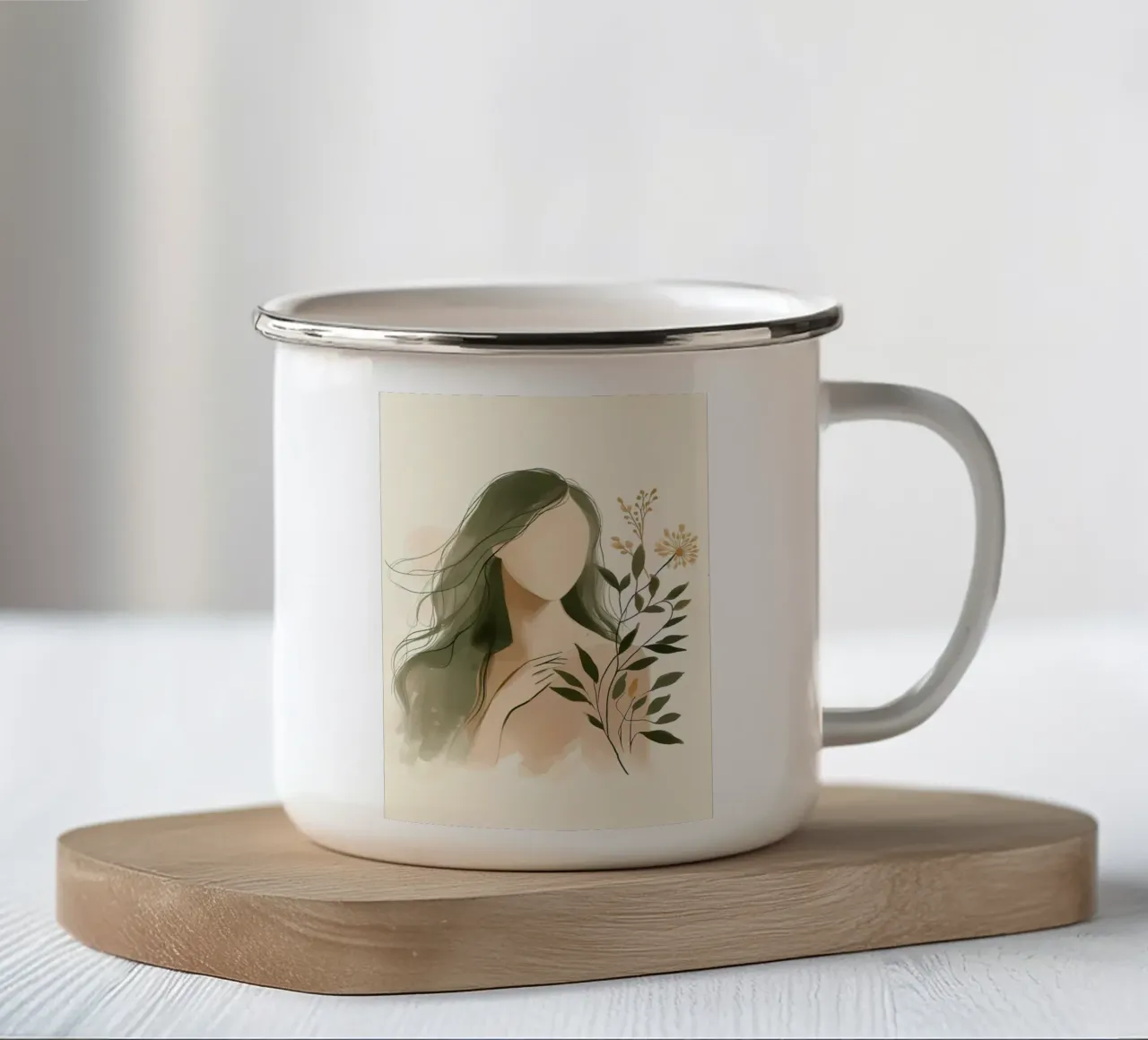 Donna con fiori di campo in verde tenue tazza in smalto da Bloom And Brush