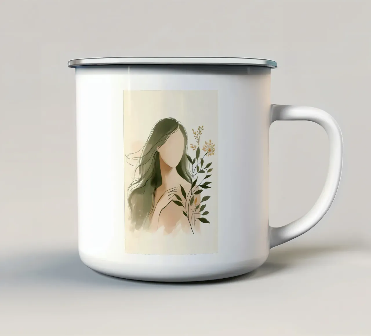 Donna con fiori di campo in verde tenue tazza in smalto da Bloom And Brush