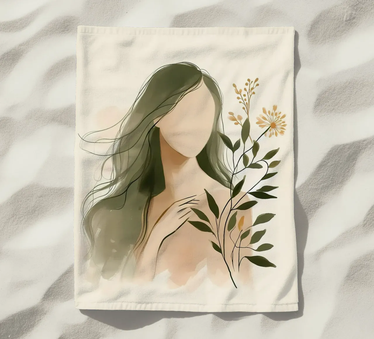 Donna con fiori di campo in verde tenue telo mare da Bloom And Brush