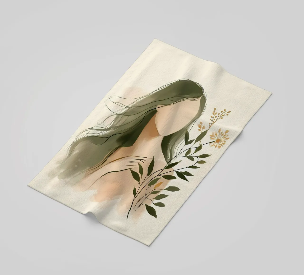 Donna con fiori di campo in verde tenue telo mare da Bloom And Brush