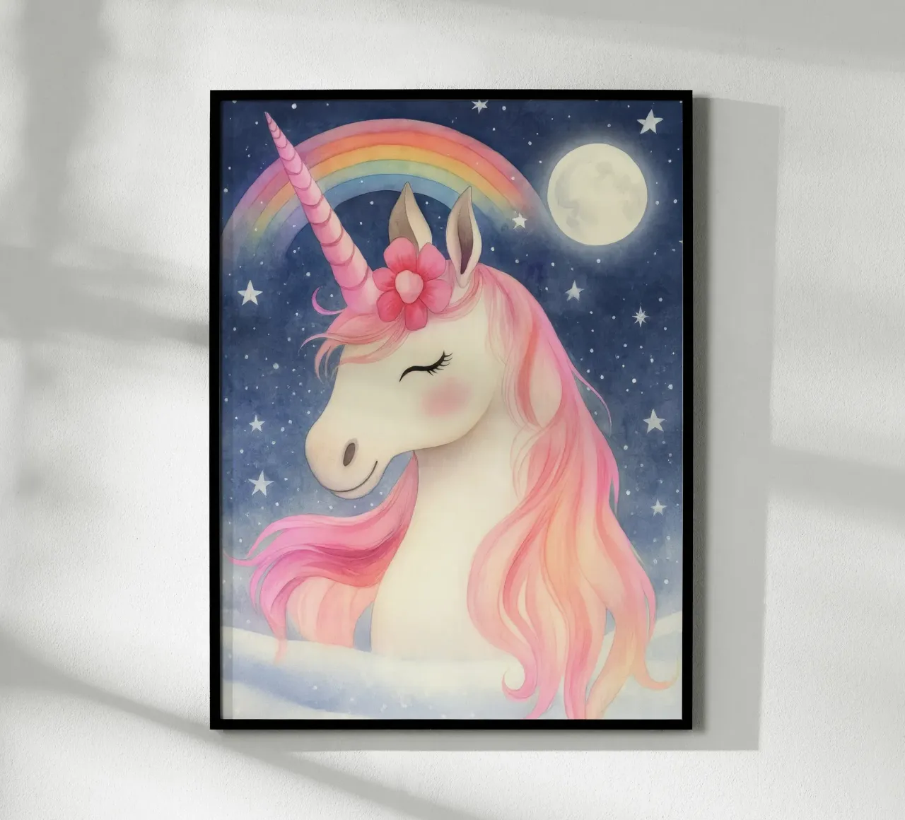 Dreamy Pink Unicorn with Rainbow, Moon Stars Whimsical Art poster by Gentle Echoes Art