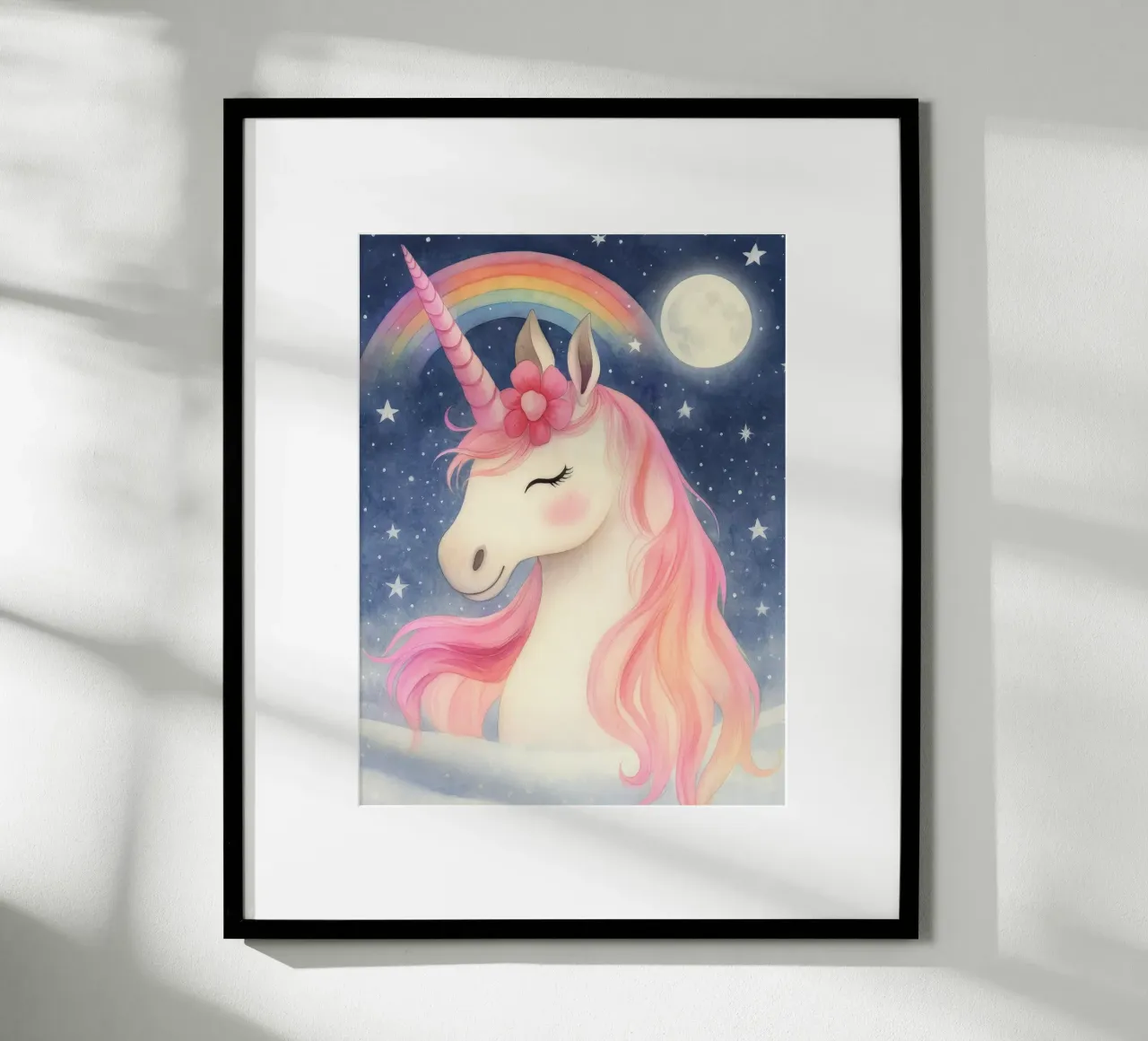 Dreamy Pink Unicorn with Rainbow, Moon Stars Whimsical Art poster by Gentle Echoes Art