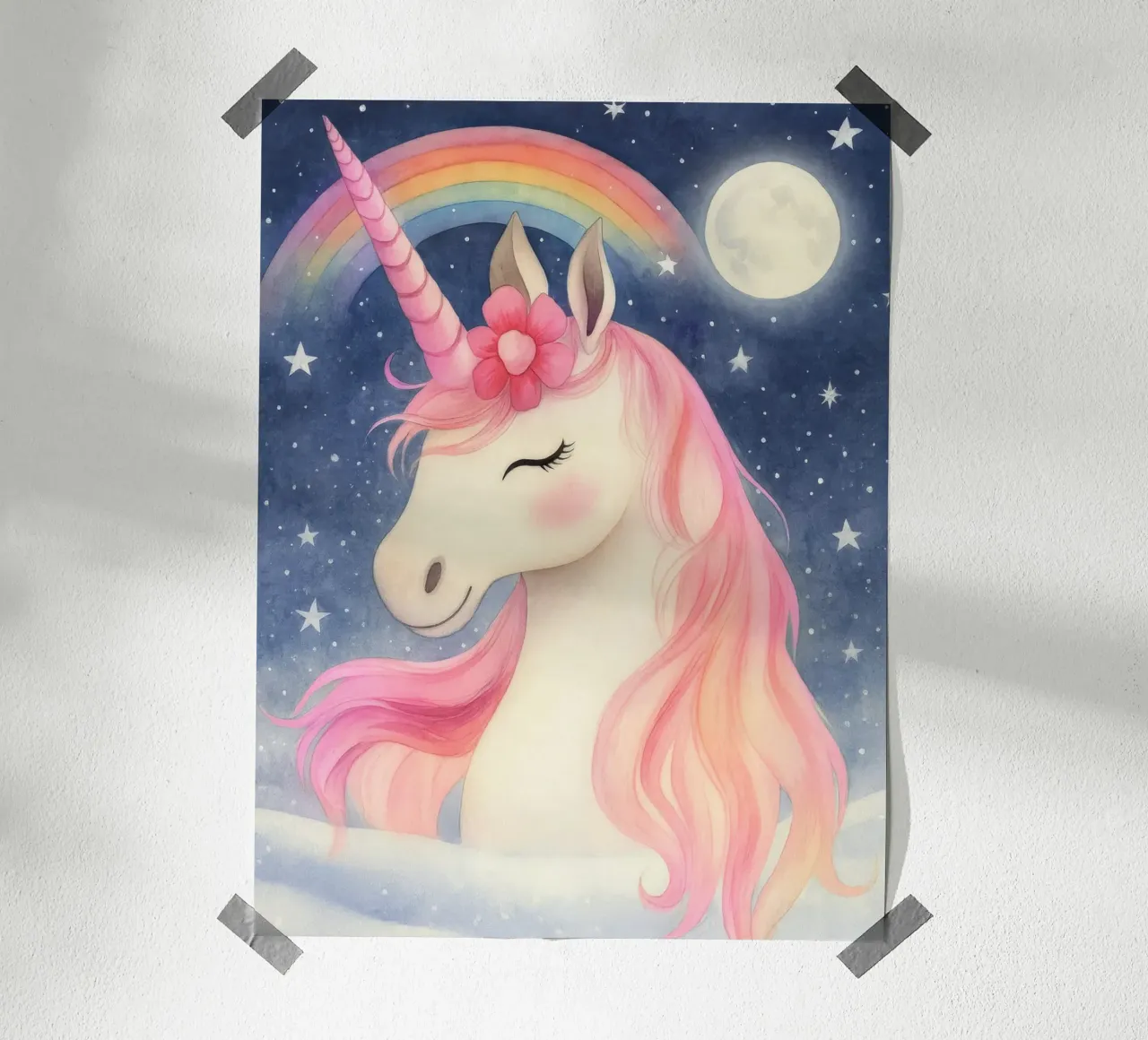 Dreamy Pink Unicorn with Rainbow, Moon Stars Whimsical Art poster by Gentle Echoes Art