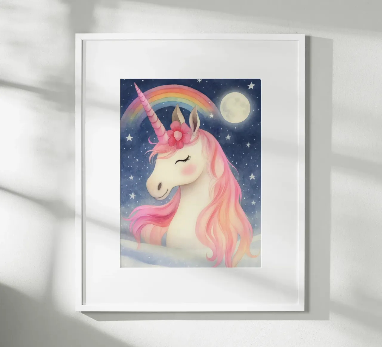 Dreamy Pink Unicorn with Rainbow, Moon Stars Whimsical Art poster by Gentle Echoes Art