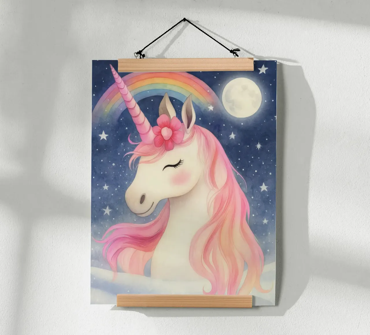 Dreamy Pink Unicorn with Rainbow, Moon Stars Whimsical Art poster by Gentle Echoes Art