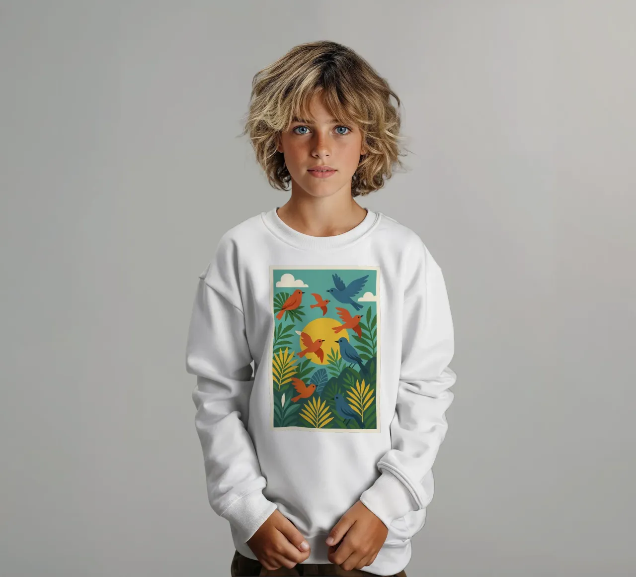 Poster con uccelli turchesi - Poster tropicale colorato e retrò felpa bambino da JETLAG | affiches voyage