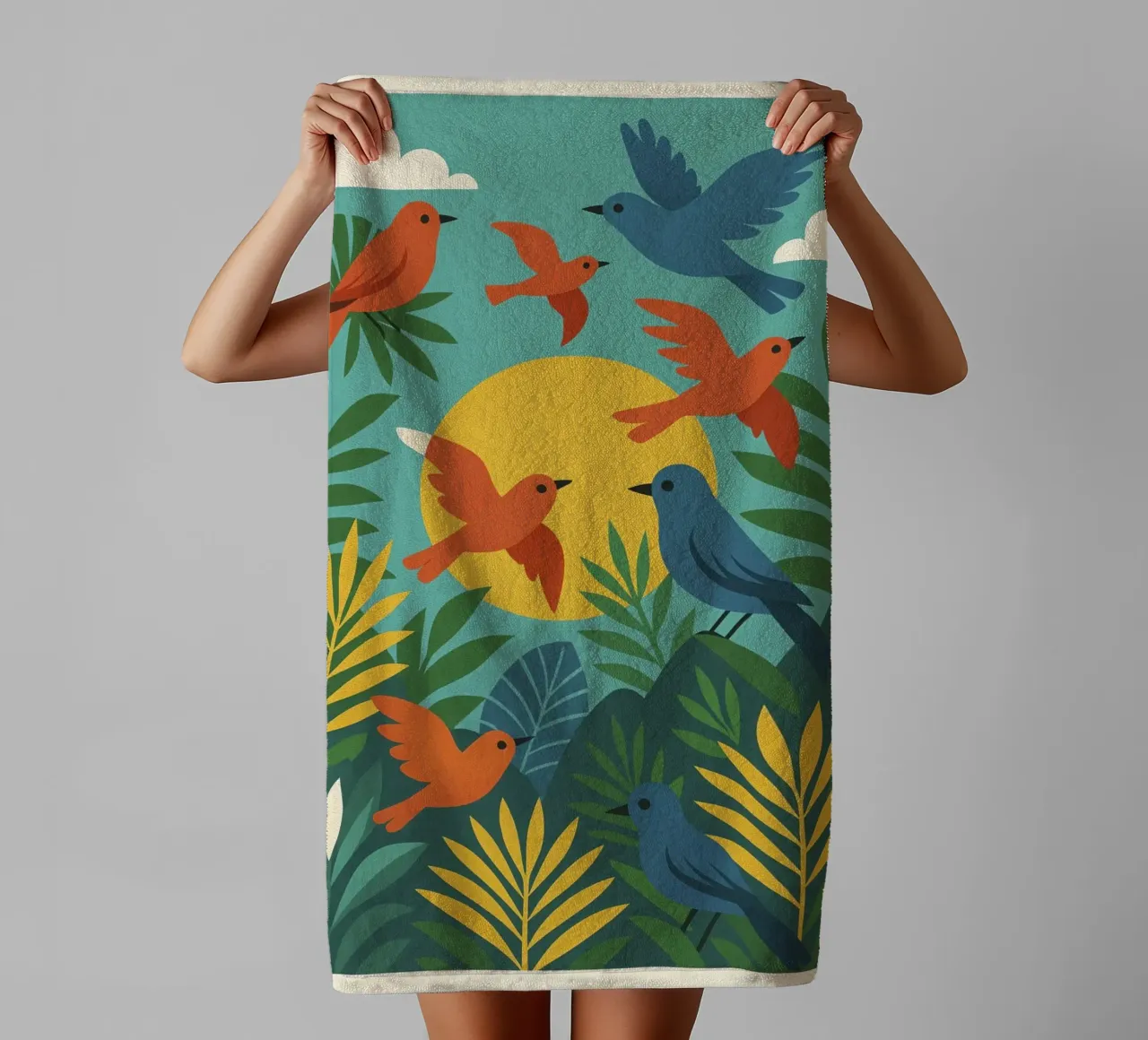 Poster con uccelli turchesi - Poster tropicale colorato e retrò asciugamano da bagno da JETLAG | affiches voyage