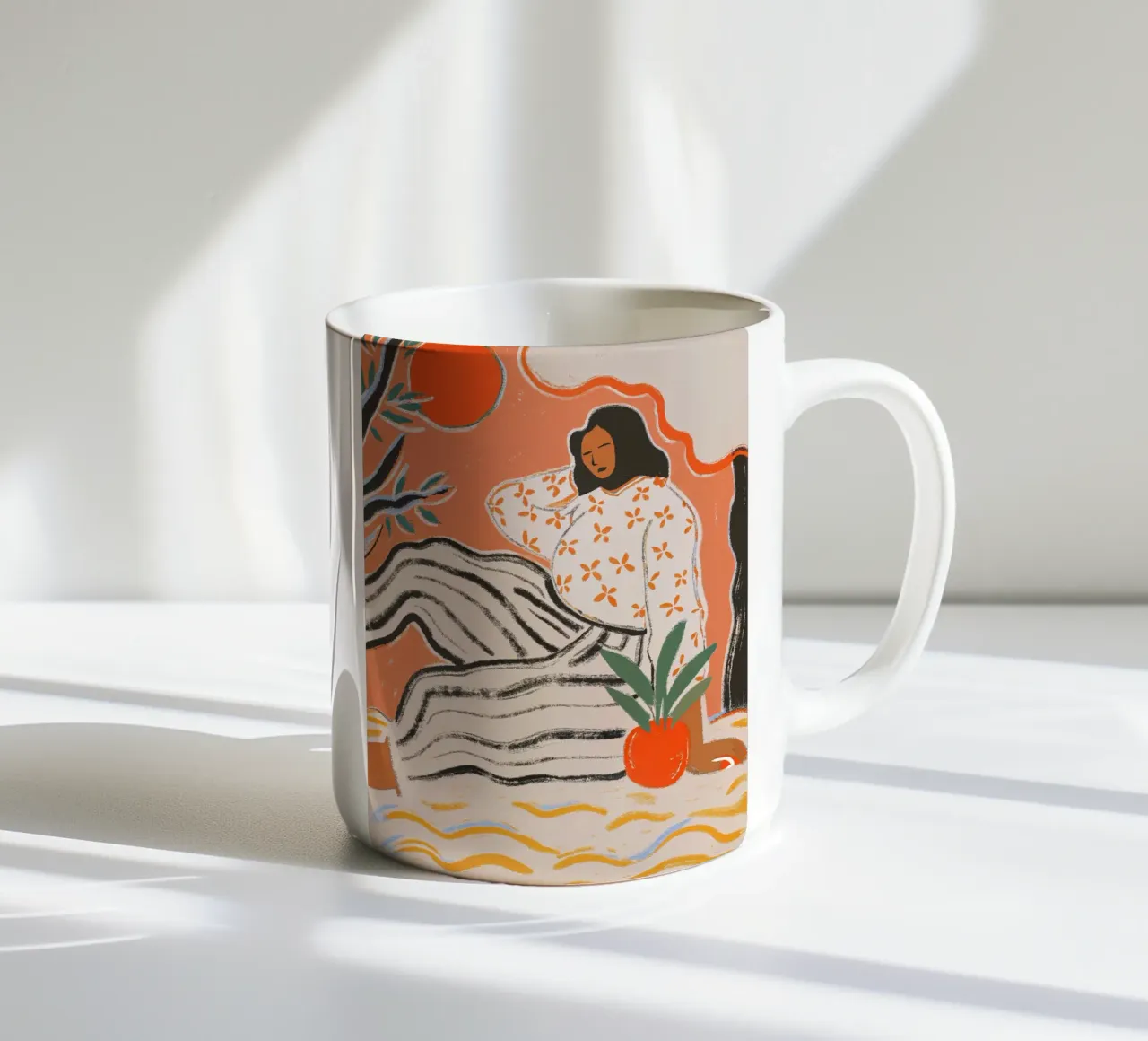 Calma in arancione - Illustrazione femminile tazza in ceramica da Studio Sori