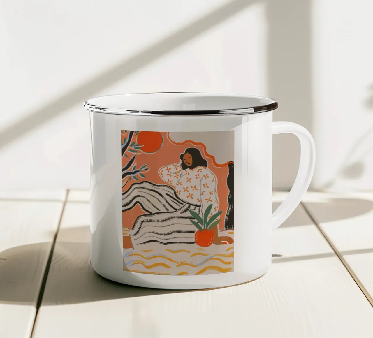 Calma in arancione - Illustrazione femminile tazza in smalto da Studio Sori