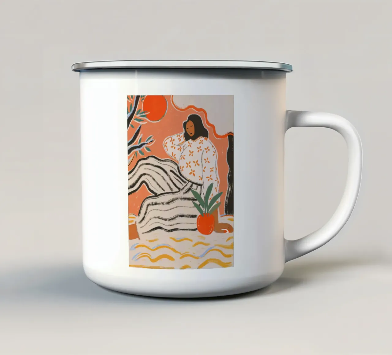 Calma in arancione - Illustrazione femminile tazza in smalto da Studio Sori