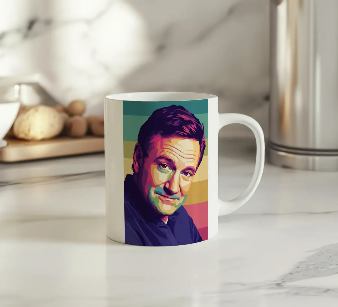 Ritratto pop art di Robin Williams tazza in ceramica da Hantamrata