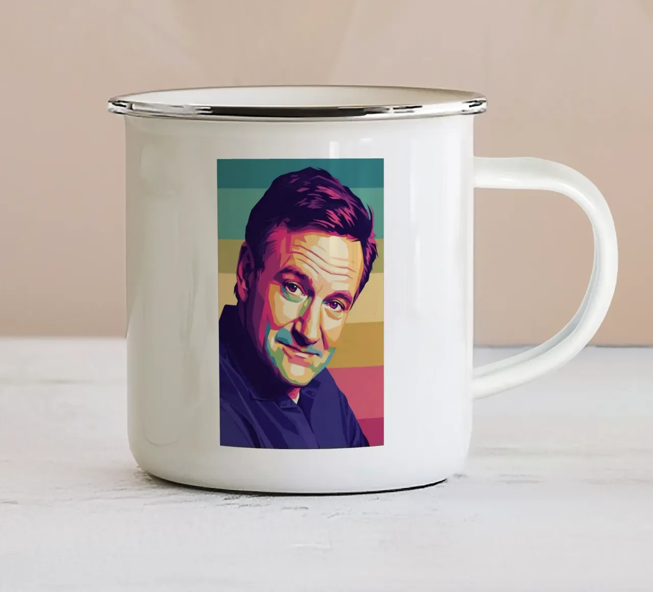 Ritratto pop art di Robin Williams tazza in smalto da Hantamrata