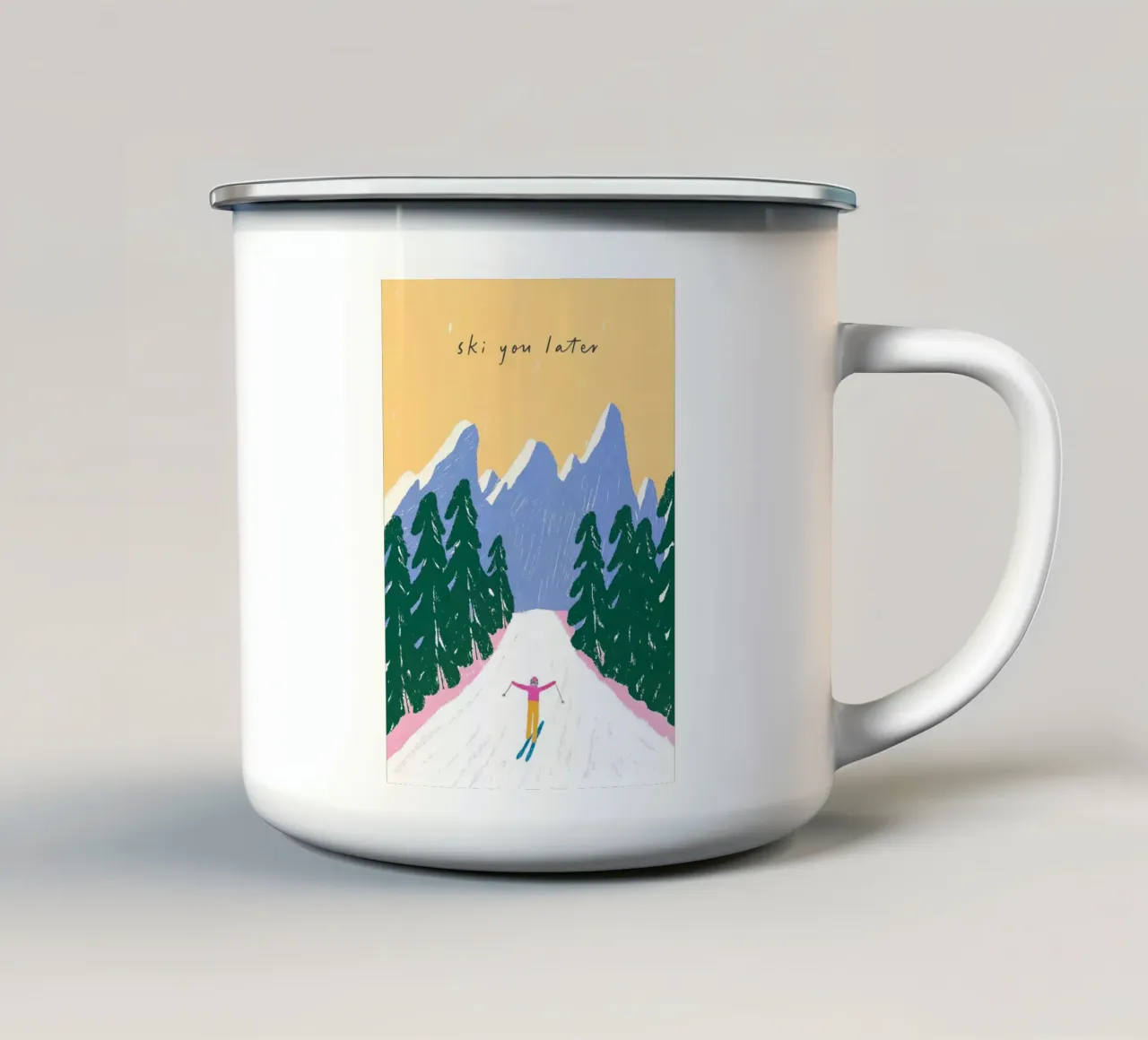 Sciare più tardi - Poster Alpi pastello tazza in smalto da ChristmasMooodz