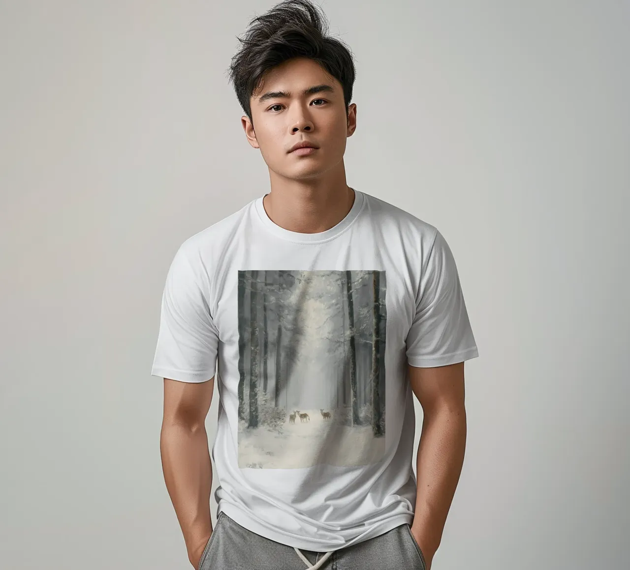 Winterlicher Wald mit Rehen im Schnee T-Shirt von Cozy Vibes