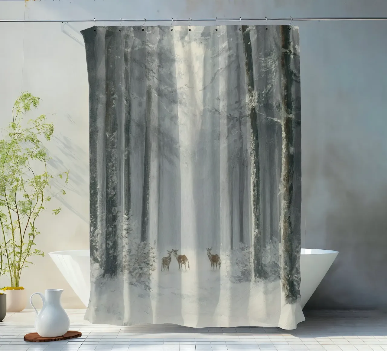 Foresta invernale con cervi nella neve tenda da doccia da Cozy Vibes