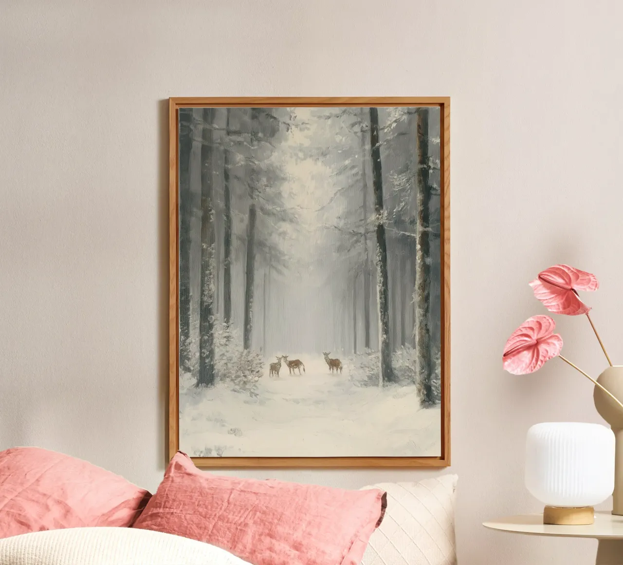 Foresta invernale con cervi nella neve pannello forex da Cozy Vibes