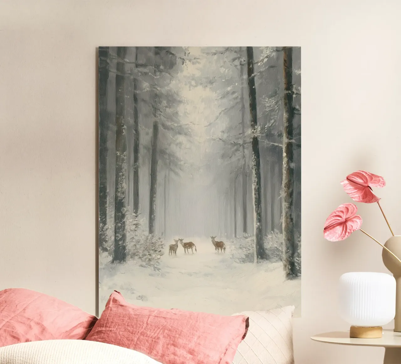Foresta invernale con cervi nella neve pannello forex da Cozy Vibes