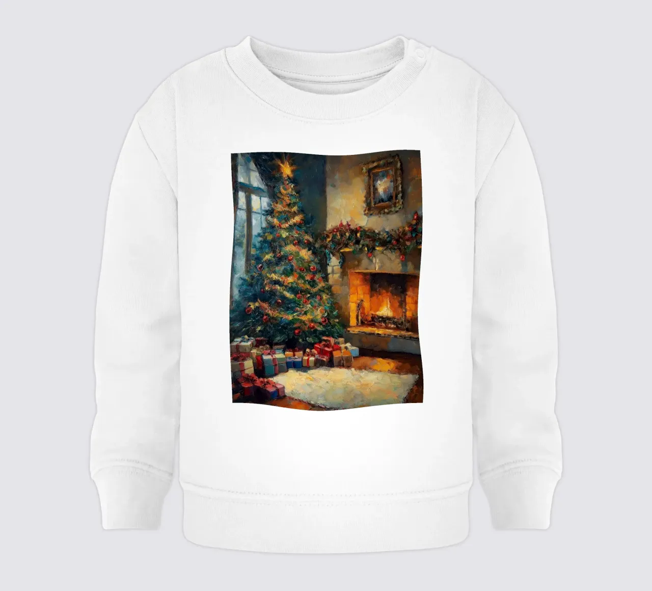 Caminetto natalizio con albero di Natale e regali felpa neonato da Cozy Vibes