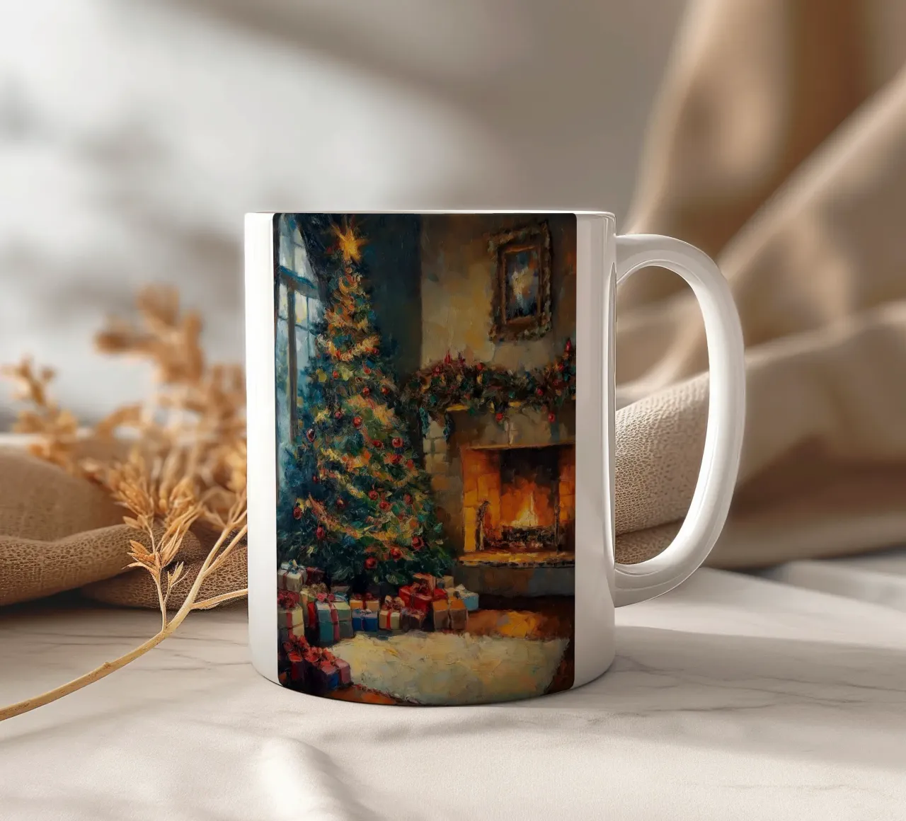Caminetto natalizio con albero di Natale e regali tazza in ceramica da Cozy Vibes