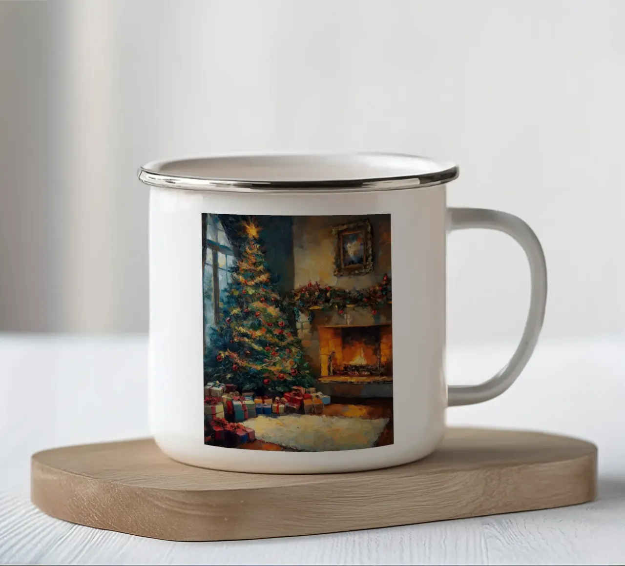 Caminetto natalizio con albero di Natale e regali tazza in smalto da Cozy Vibes