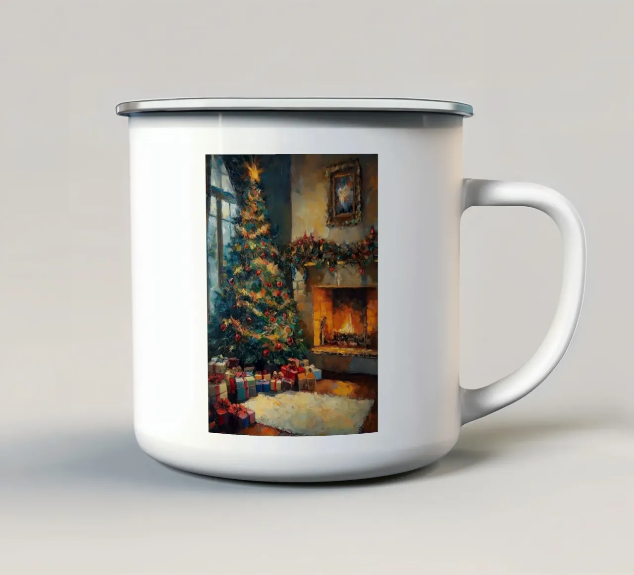 Caminetto natalizio con albero di Natale e regali tazza in smalto da Cozy Vibes