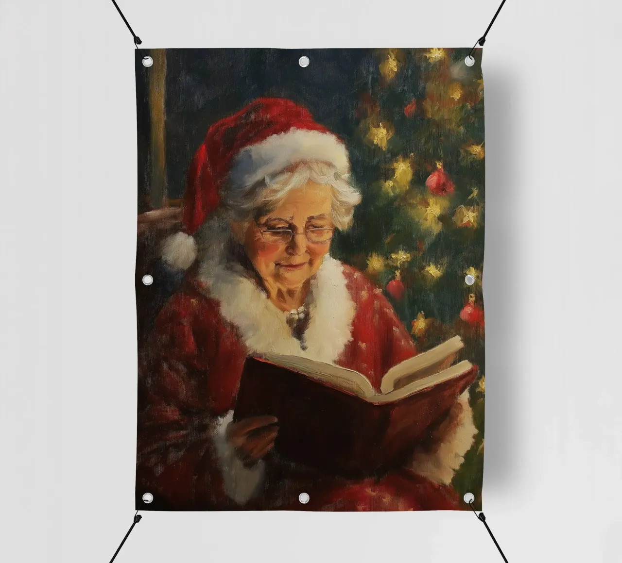 La signora Babbo Natale legge un libro davanti a un albero di Natale in festa telo in pvc da Cozy Vibes