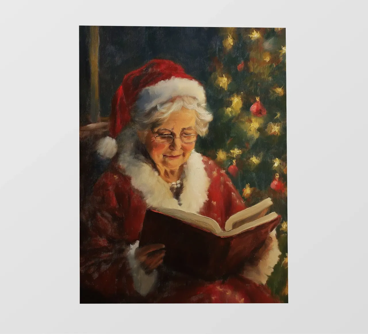 La signora Babbo Natale legge un libro davanti a un albero di Natale in festa telo in pvc da Cozy Vibes